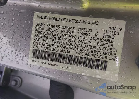 2020 Acura Tlx Standard из США, поврежденный, VIN 19UUB2F34LA002648